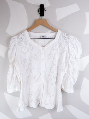 Vintage Mona Lisa 100% Cotton Eyelet Lantern Sleeve Shirt | M